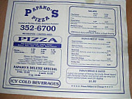 A Papano's Pizza menu