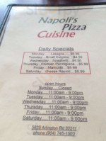 Napoli's Pizza Cuisine menu