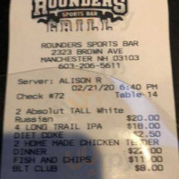 Rounders Sports Grill menu