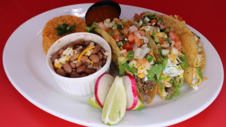 Three (3) Super Crispy Tacos Plate With Rice Beans