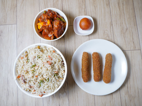 Egg Chicken Fried Rice Chilli Fish 3Pcs) Fish Finger 2Pcs) Sweet. Serves 1.