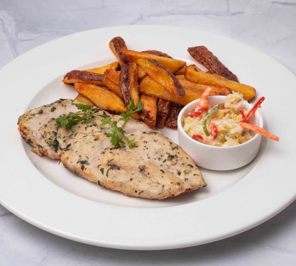 Lemon Garlic Coriander Grill Chicken, Homemade Chunky Fries, House Slaw