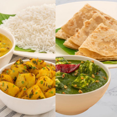 Homestyle Dal Tadka, Aloo Rice, Palak Paneer Met Parathas