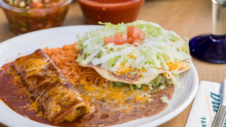 Cheese Enchilada, Tostada, Rice Beans