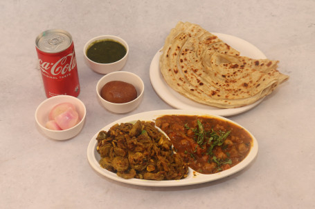 Chana Masala , Karela Bhurji , 2 Paratha , Cold Drink Can, Salad, Sweet Hari Cutney