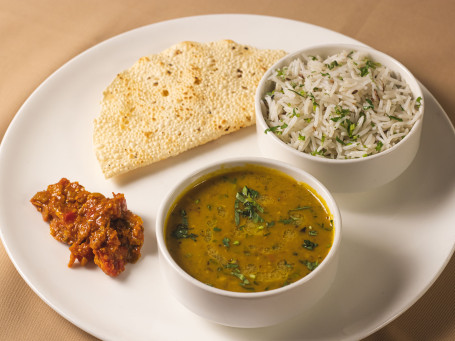 Dal Fry With Jeera Rice, Papad And Pickle