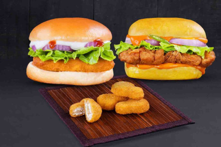 Combo Of Railway Cutlet Burger And Smoky Chipotle Chicken Burger With Free Nuggets