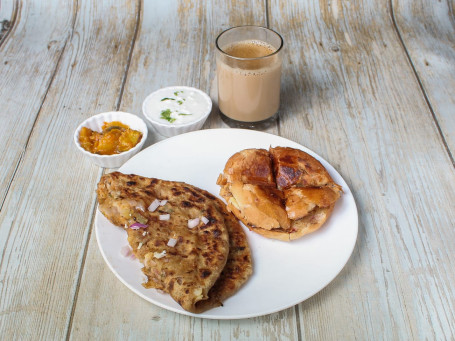 Aloo Pyaaz Parantha Bun Makhan Tea