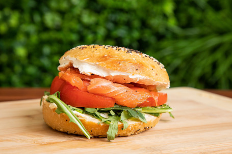 Smoked Salmon Cream Cheese, Rocket, Tomato Bagell