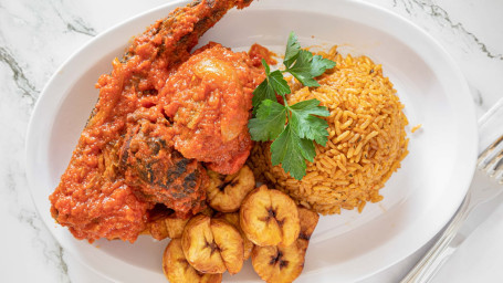 Jollof Rice, Plantain, Chicken, Meat