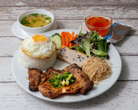 Broken Rice With Shredded Pork, Pork Chop, Steamed Pork Loaf And Fried Egg