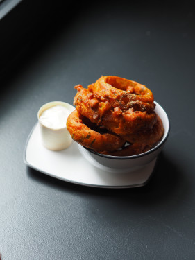 Bhaji Onion Rings With Smoked Aubergine Raita