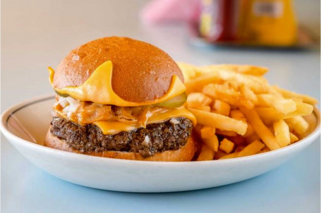 Cheese Burger, Fries, Glazed Donut And Drink