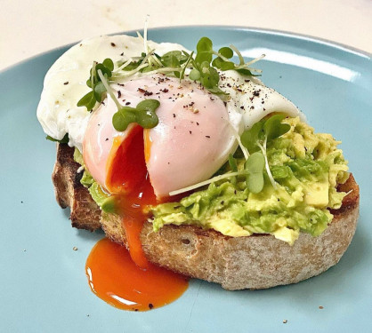 Two Poached Eggs On Sourdough With Avocado.