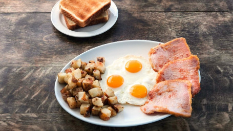 3 Eieren, Home Fries, Toast Peameal Style Bacon (3 Stuks)