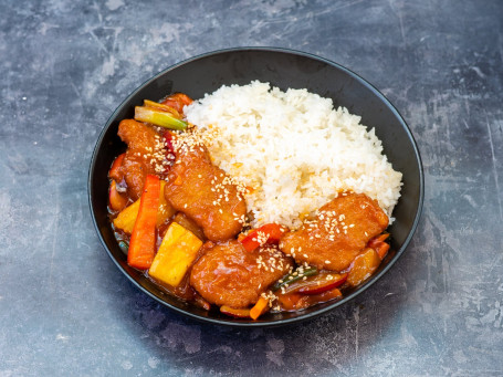 Sweet And Sour Chicken-Less With Steamed Rice (Vg)