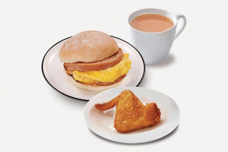 Cān Ròu Chǎo Dàn Cuì Zhū． Pèi Shí Wù． Pèi Chá Fēi Crispy Bun W Luncheon Meat&Scrambled Egg． W Food． W Tea Coffee